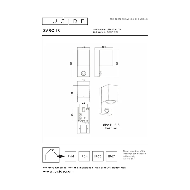 Lucide Zaro Outdoor Wall Light with Long-Range Sensor