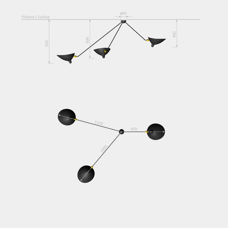 Serge Mouille "Spider" 3 still arms Ceiling Lamp