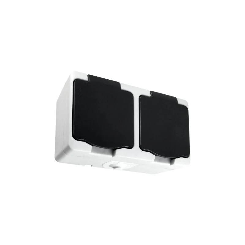 Prise Double Étanche + Clapet Noir IP54 2P+T Saillie