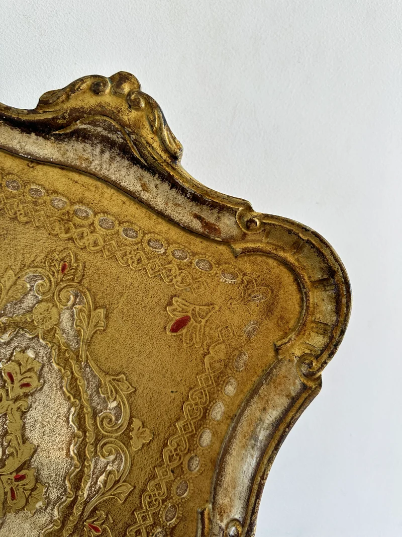 Plateau florentin à poignées XL en bois or et crème années 60
