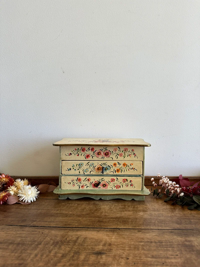 Coffret avec miroir en bois deux tiroirs motifs fleurs