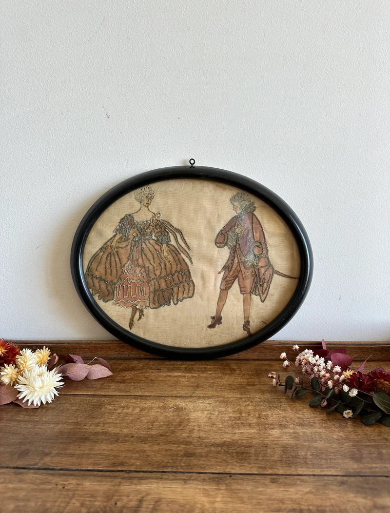 Aquarelle sur soie surpiquée de broderie argentée époque 1900