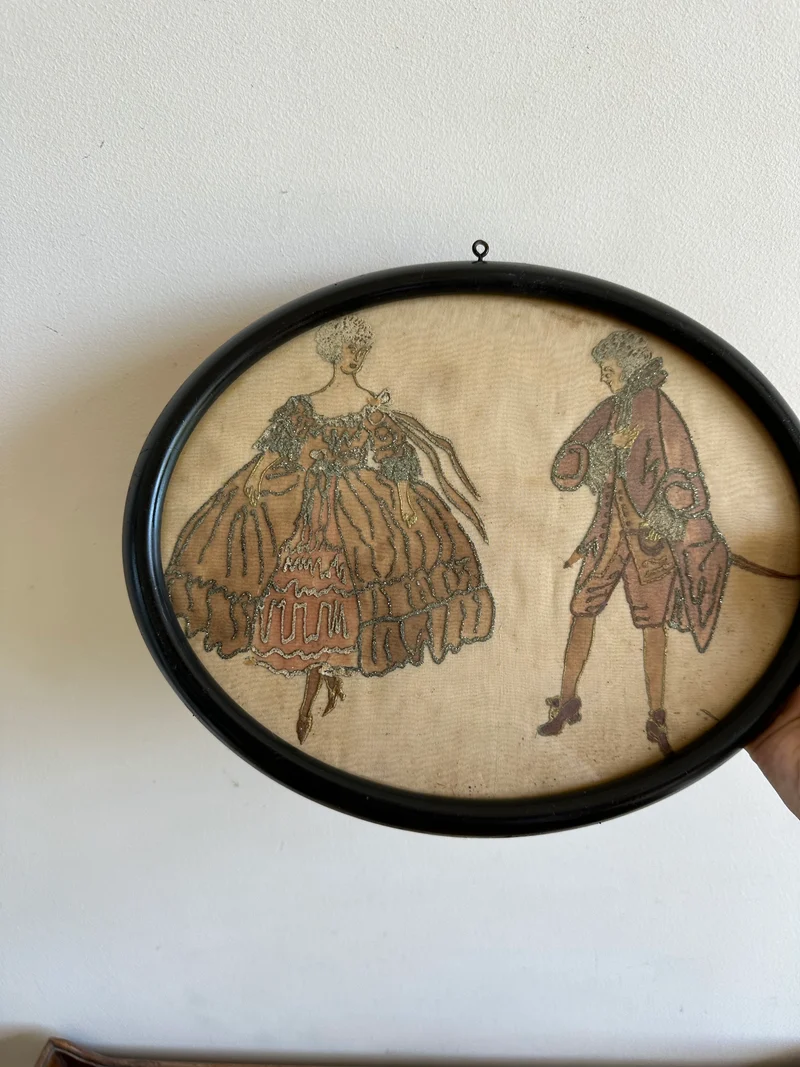 Aquarelle sur soie surpiquée de broderie argentée époque 1900