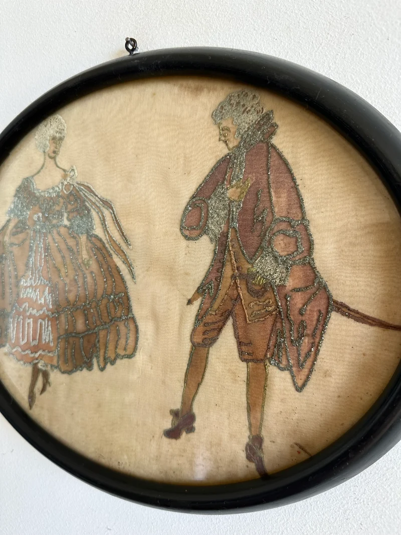 Aquarelle sur soie surpiquée de broderie argentée époque 1900