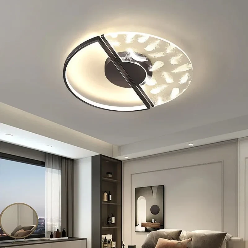 Lustre Plume et Verre Cristallin – Cercle Moderne, Encastré au Plafond