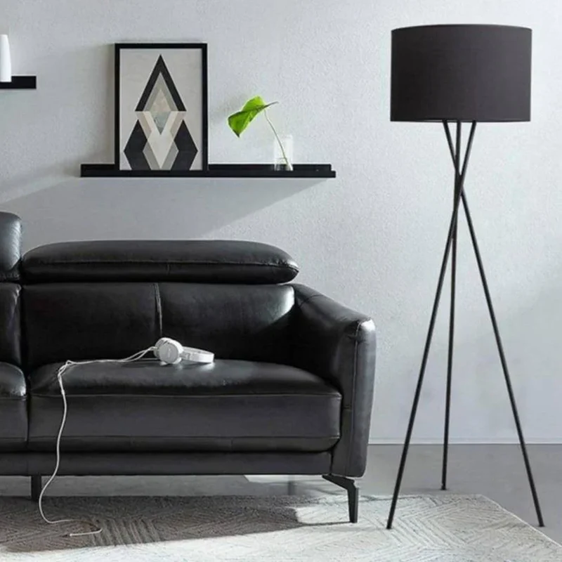 Lampadaire Design Noir avec Abat-Jour en Tissu Creative