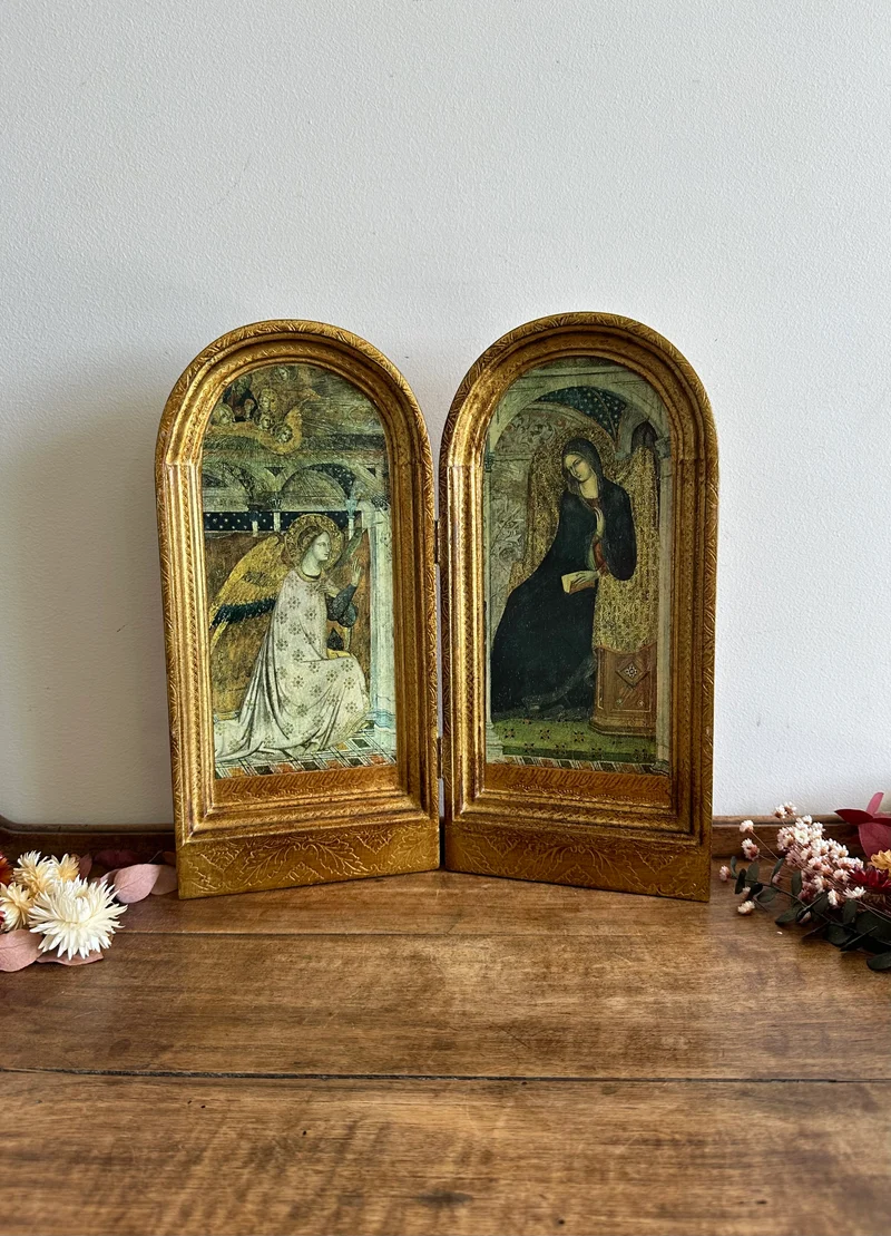 Icône religieuse diptyque en bois doré Sainte Marie des Anges