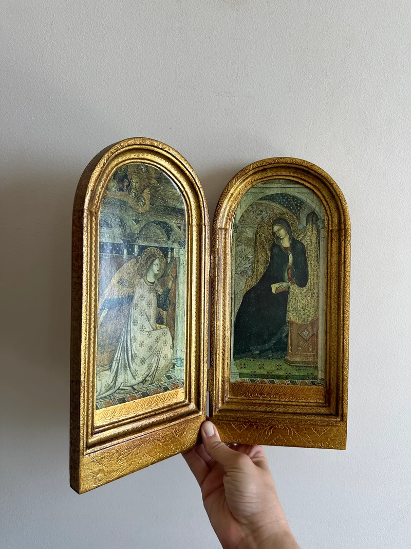 Icône religieuse diptyque en bois doré Sainte Marie des Anges