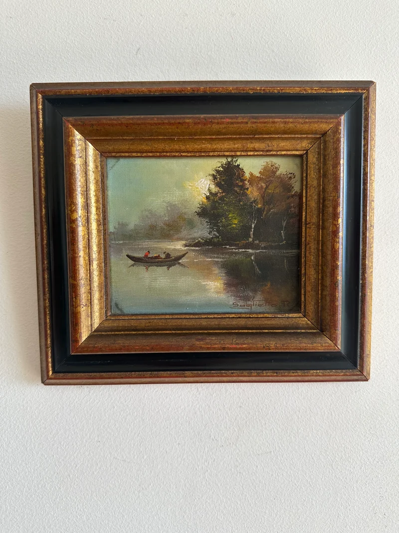 Peinture signée bateau sur lac