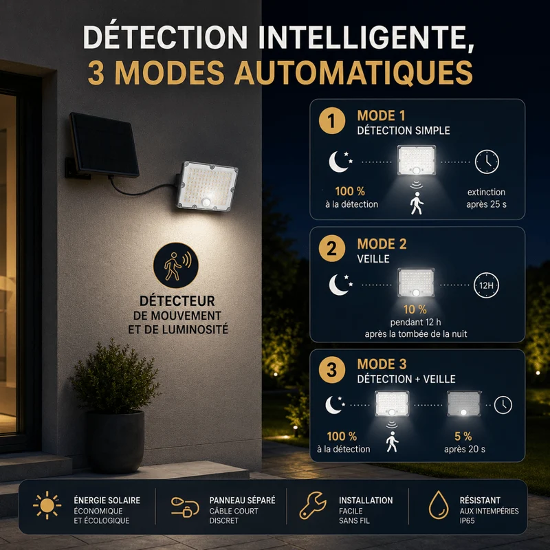 Pack de 10 - Projecteur Led Solaire Extérieur 9W IP65 3-CCT Détecteur de Lumière et de Mouvement