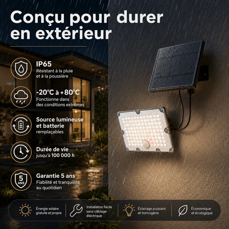 Projecteur Led Solaire Extérieur 9W IP65 3-CCT Détecteur de Lumière et de Mouvement