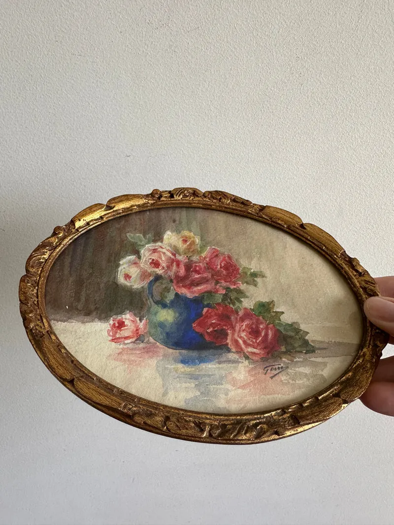 Peinture rose vase bleu 1900