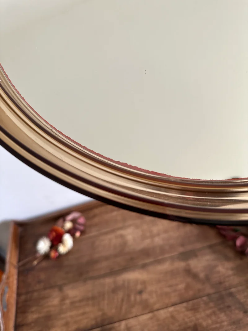 Miroir rond en plastique marron années 60-70