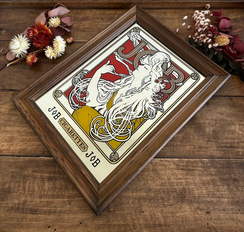Miroir publicitaire Art Nouveau style Mucha Job cigarettes années 70.