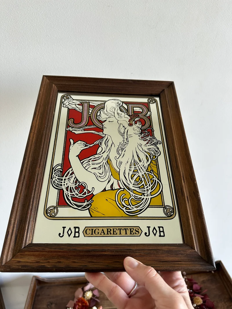 Miroir publicitaire Art Nouveau style Mucha Job cigarettes années 70.
