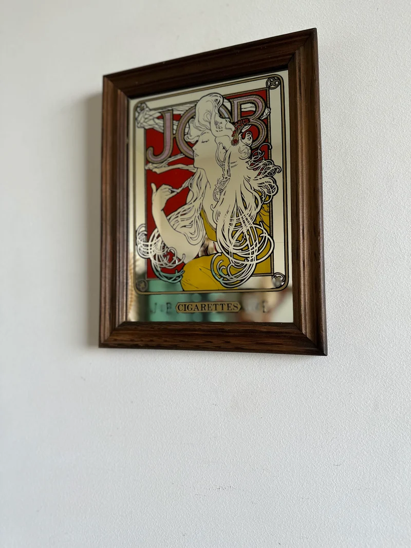 Miroir publicitaire Art Nouveau style Mucha Job cigarettes années 70.