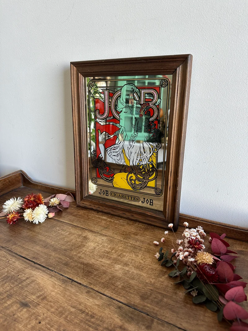 Miroir publicitaire Art Nouveau style Mucha Job cigarettes années 70.