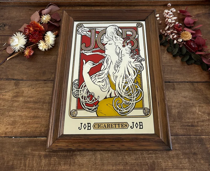 Miroir publicitaire Art Nouveau style Mucha Job cigarettes années 70.