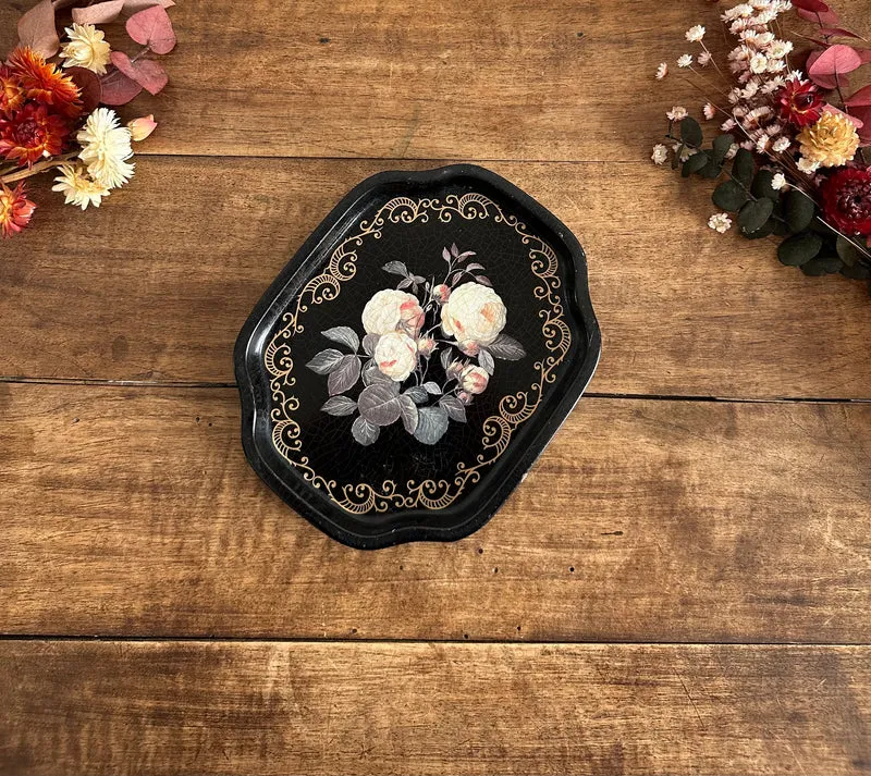 Plateau vide-poche en métal craquelé décor fleurs
