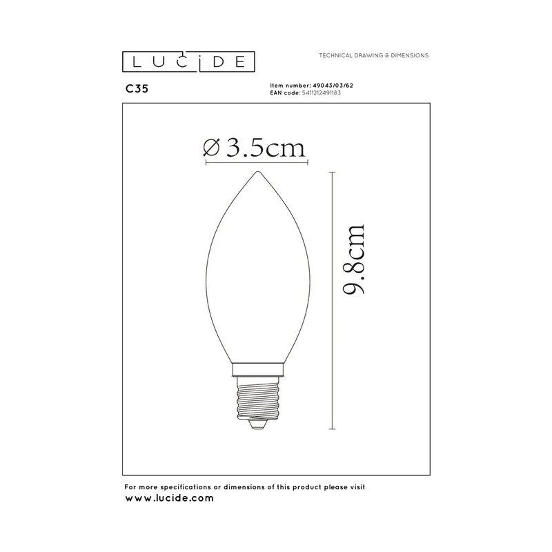 Lucide LED Filament Bulb E14 C35 Amber - 165lm 2200K - Dimmable