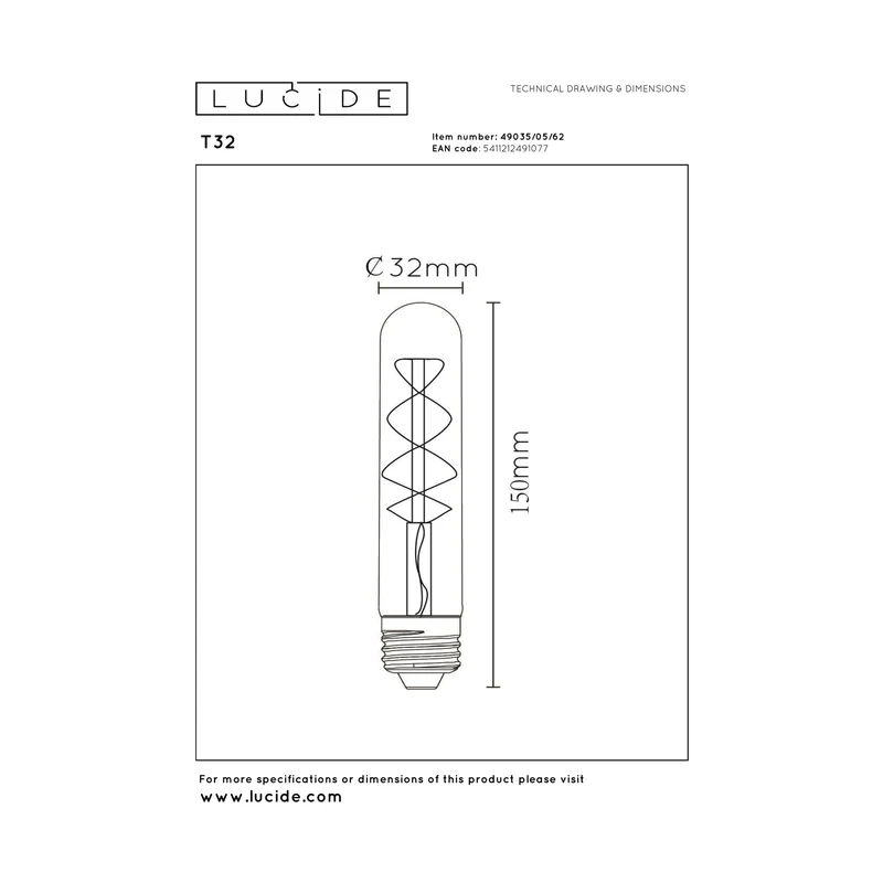 Lucide LED Filament Bulb E27 T32 Amber 30 cm - 380lm 2200K - Dimmable