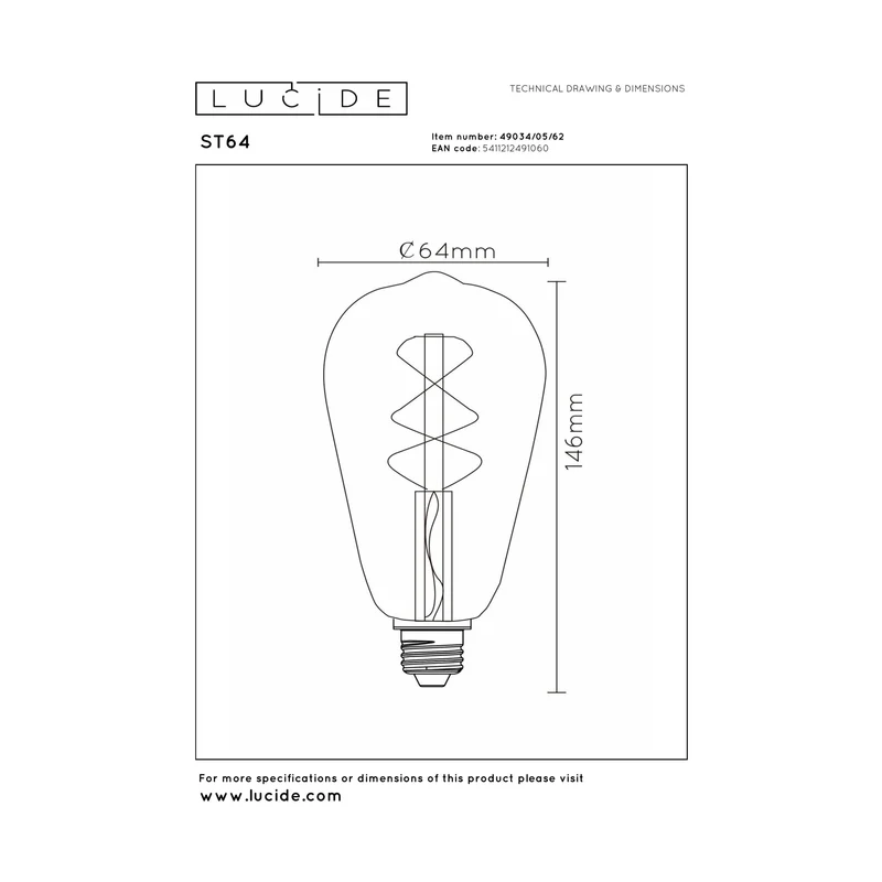 Lucide LED Filament Bulb E27 ST64 Amber - 380lm 2200K - Dimmable