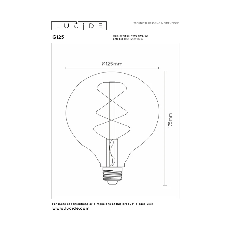 Lucide LED Filament Bulb E27 G125 Amber - 380lm 2200K - Dimmable