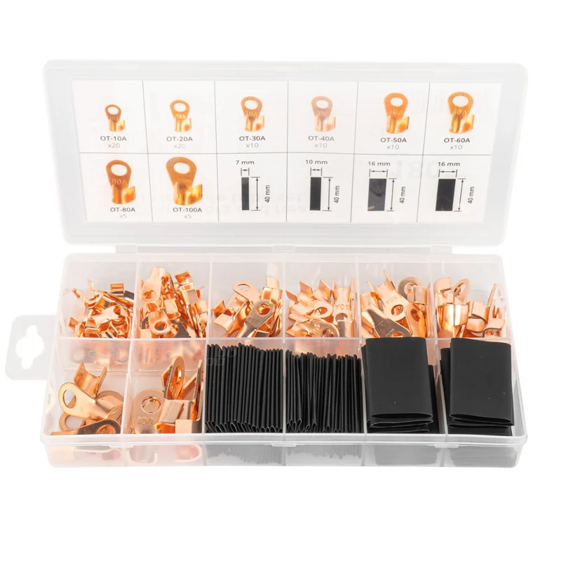 Assortiment de cosses à anneau en cuivre non isolées avec gaine thermorétractable