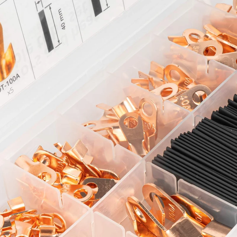 Assortiment de cosses à anneau en cuivre non isolées avec gaine thermorétractable