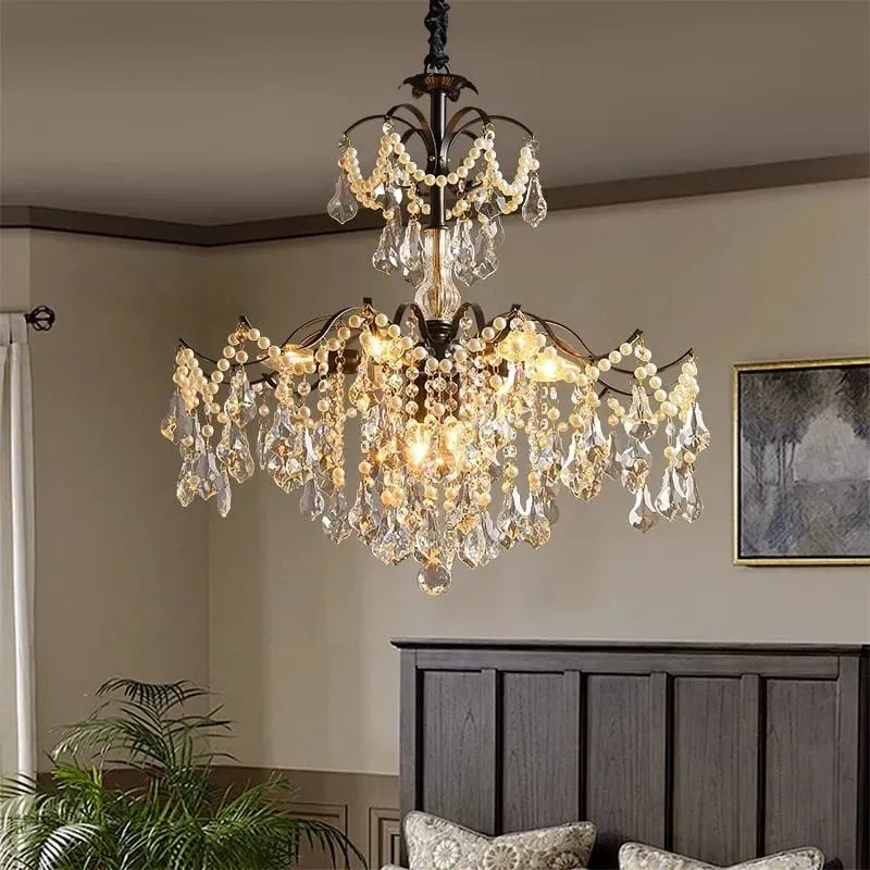 Lustre noir et pampilles en cristal