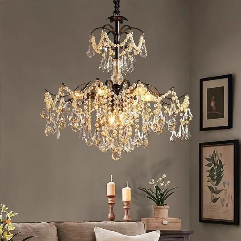 Lustre noir et pampilles en cristal
