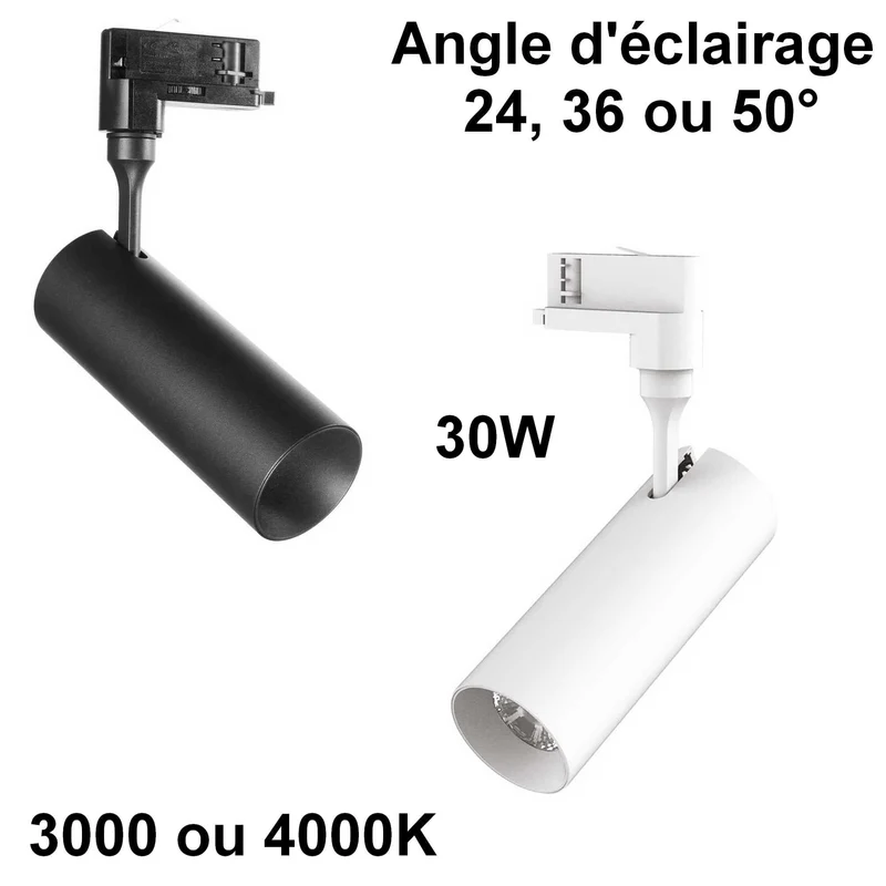 Spot sur rail 3 allumages SMILE 30W 3000K ou 4000k – Angle 24, 36 ou 50°