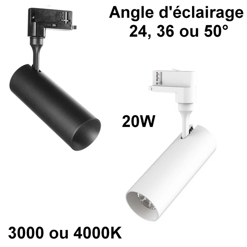 Spot sur rail 3 allumages SMILE 20W 3000K ou 4000k – Angle 24, 36 ou 50°