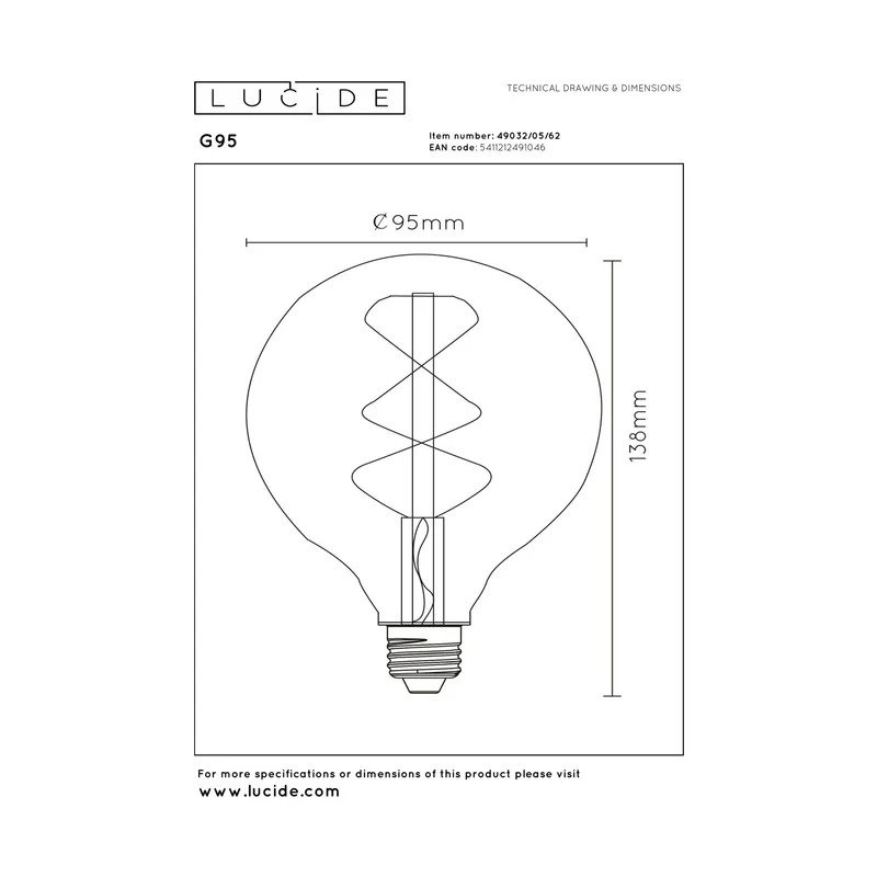 Lucide LED Filament Bulb E27 G95 Amber - 380lm 2200K - Dimmable