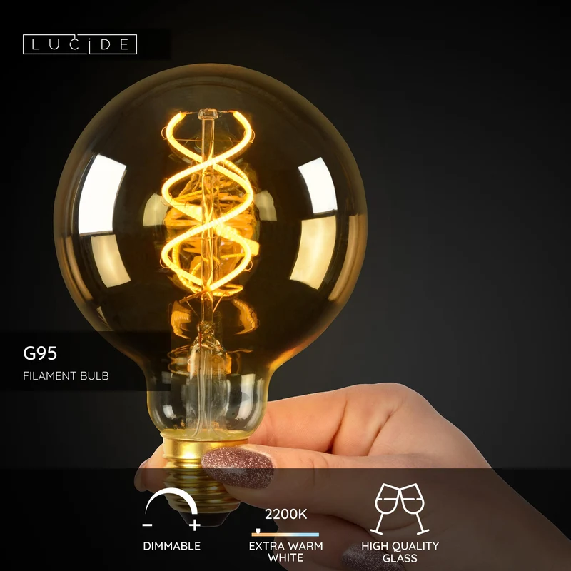 Lucide LED Filament Bulb E27 G95 Amber - 380lm 2200K - Dimmable
