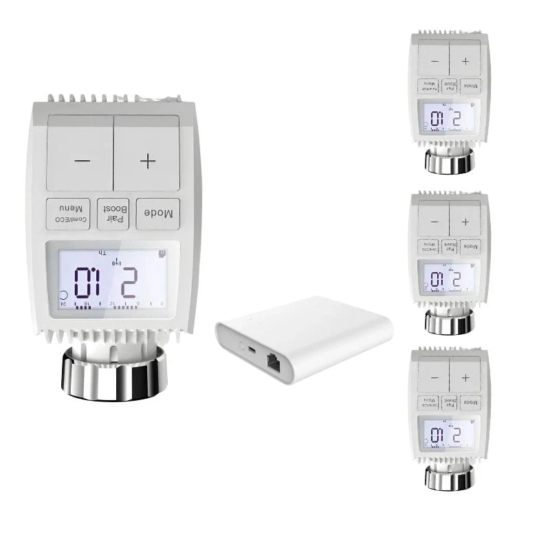 Kit 4 Têtes Thermostatiques Connectées Écran LCD + Passerelle Zigbee Ethernet