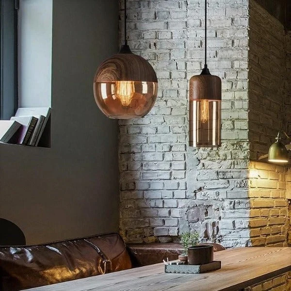 Suspension Industrielle Bois Et Verre
