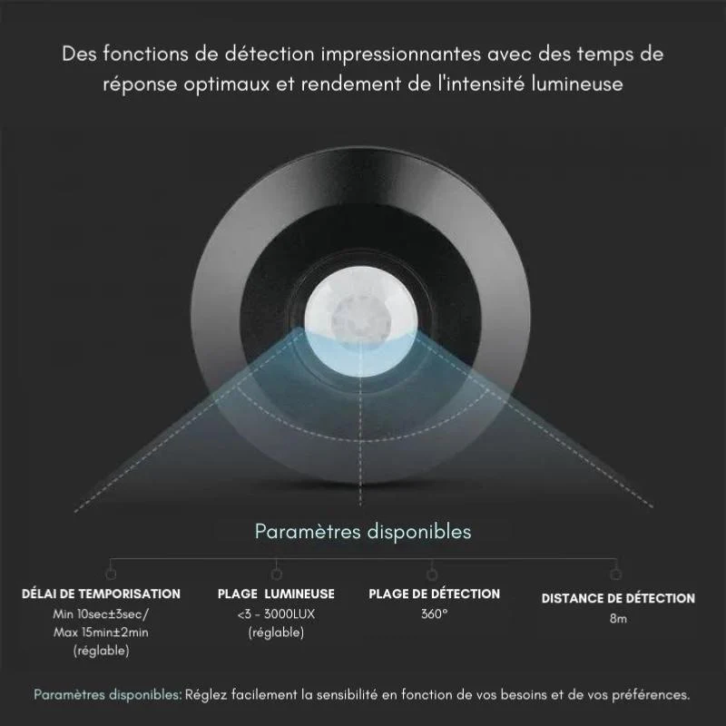 Détecteur de Mouvement en Saillie 8m 360° Noir