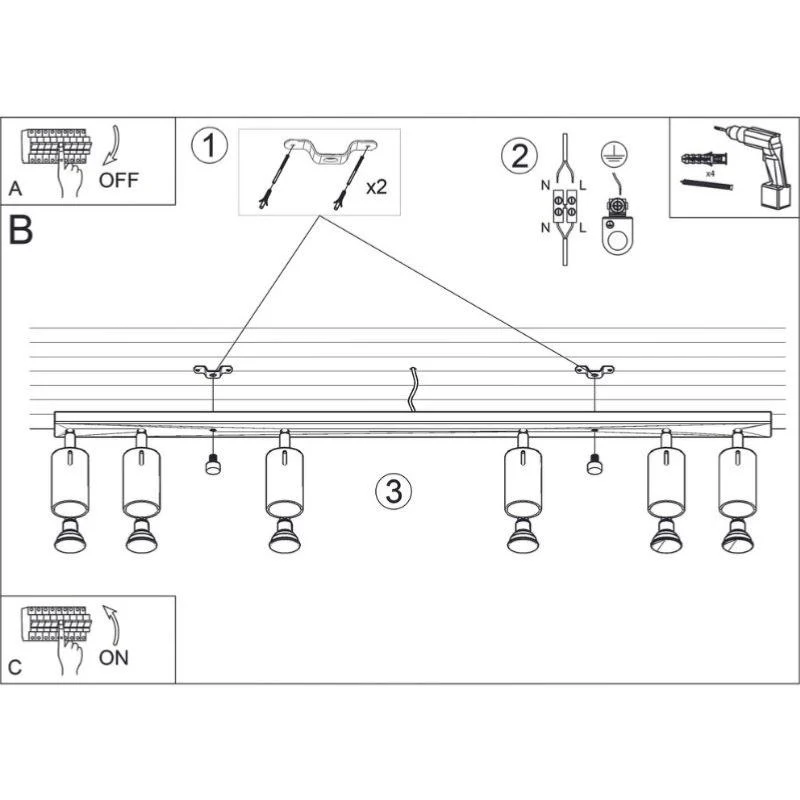 Plafonnier Spot Orientable Inox pour 6 Ampoules GU10
