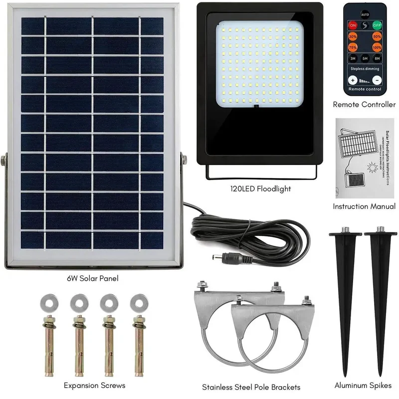 Kicking Out 120 LED Solar Flood Light With Wireless Remote Click Dimmers Heavy Duty Aluminum Shell And Wildly Weatherproof Build For Driveways Fences Yards With Serious All Night Juice Reserve