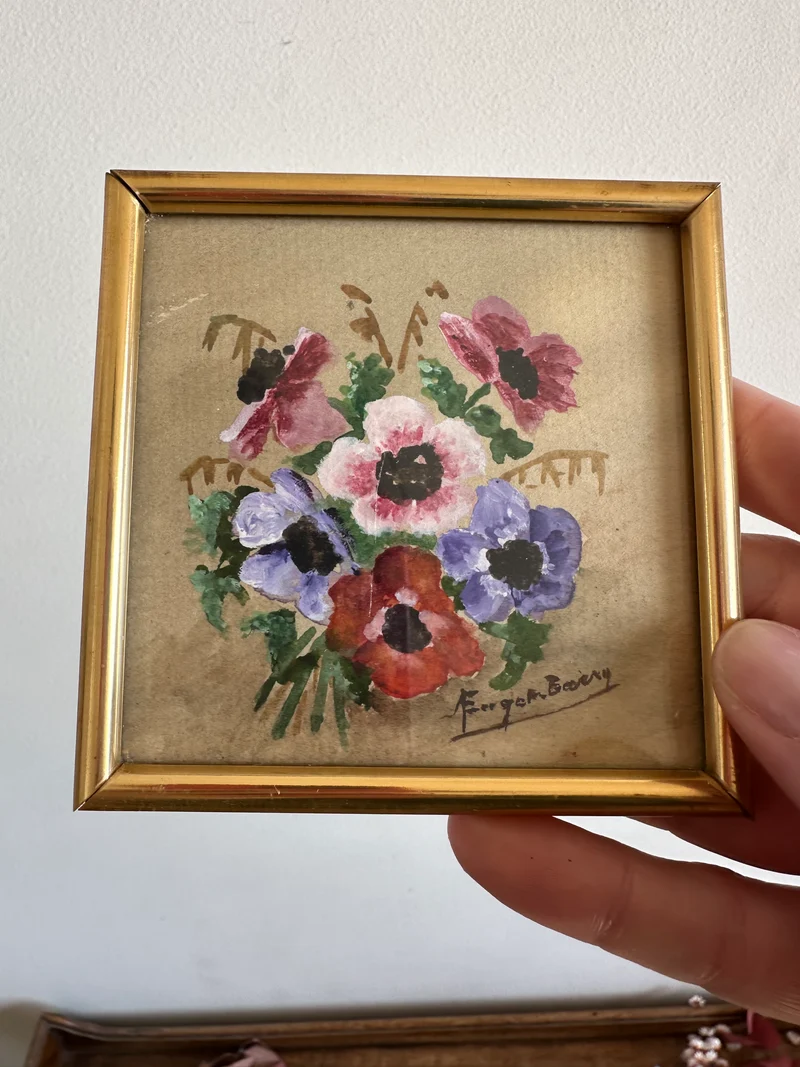 Peinture florale mini dans son cadre en bois carré