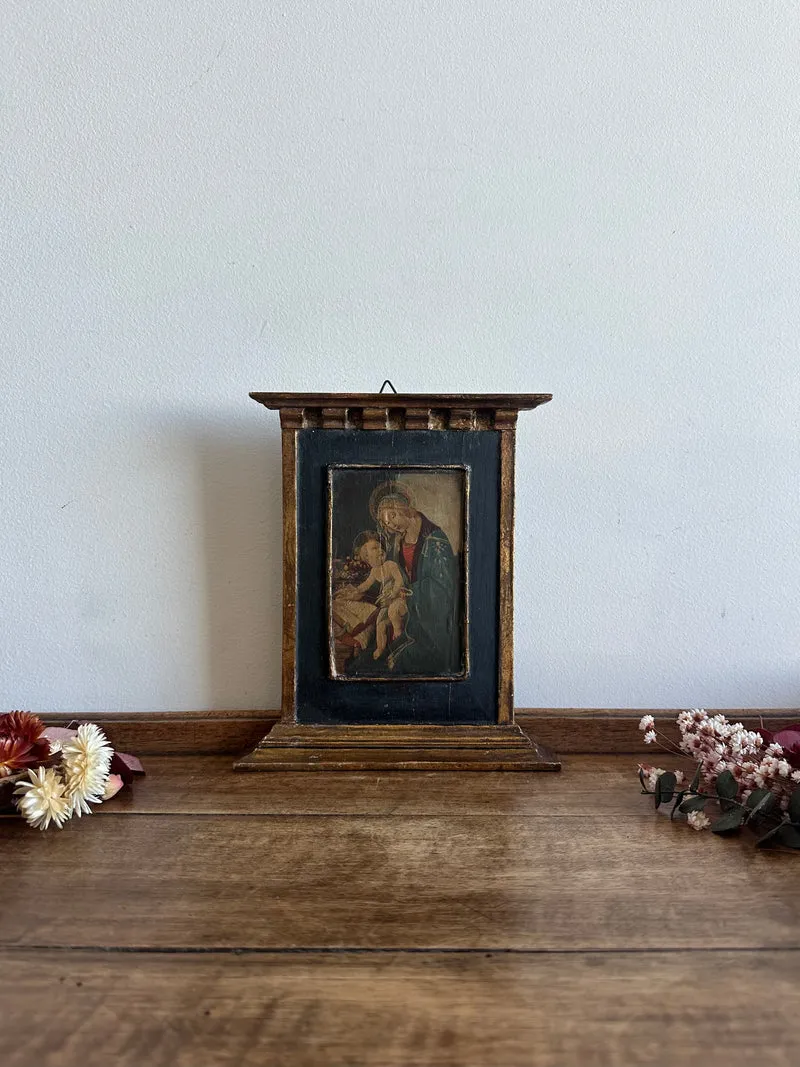 Icône en bois années 40 fond bleu nuit La Vierge et l'enfant