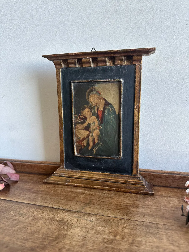 Icône en bois années 40 fond bleu nuit La Vierge et l'enfant