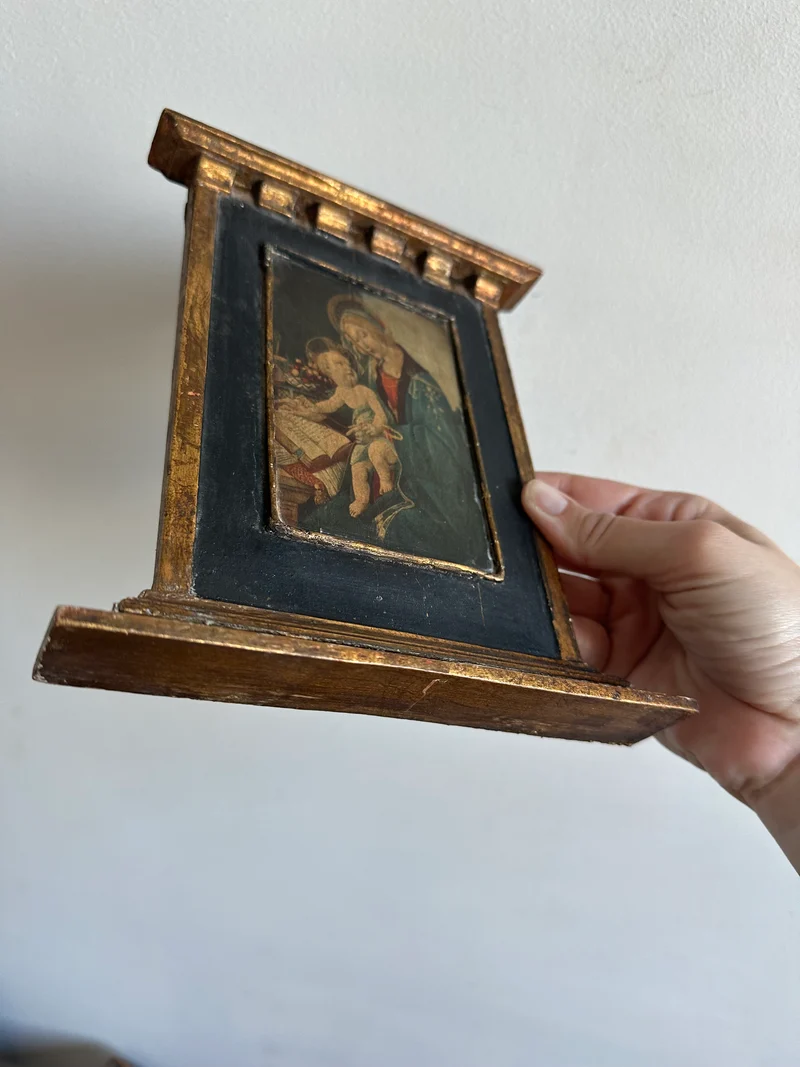 Icône en bois années 40 fond bleu nuit La Vierge et l'enfant