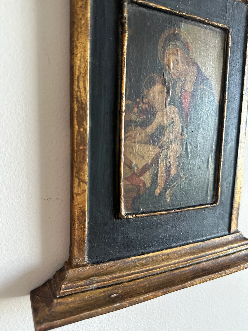 Icône en bois années 40 fond bleu nuit La Vierge et l'enfant