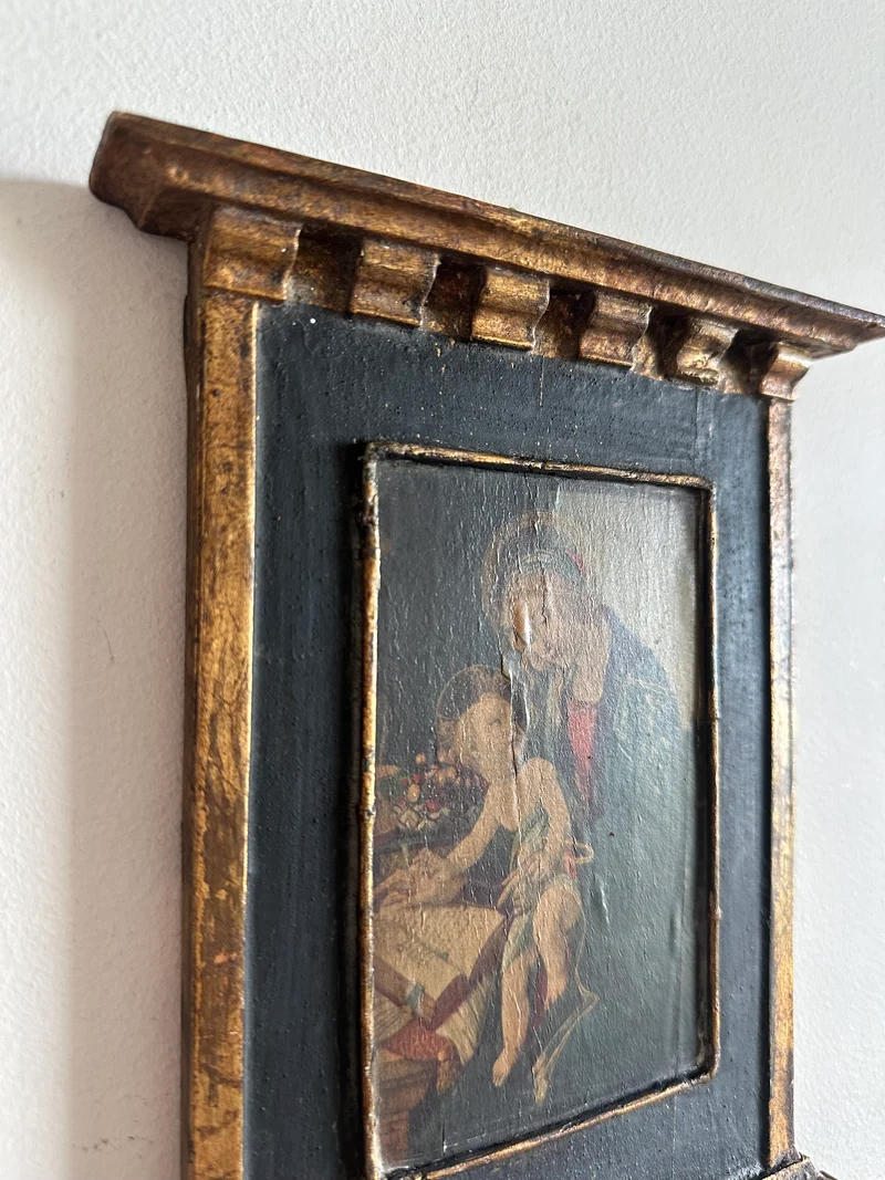 Icône en bois années 40 fond bleu nuit La Vierge et l'enfant