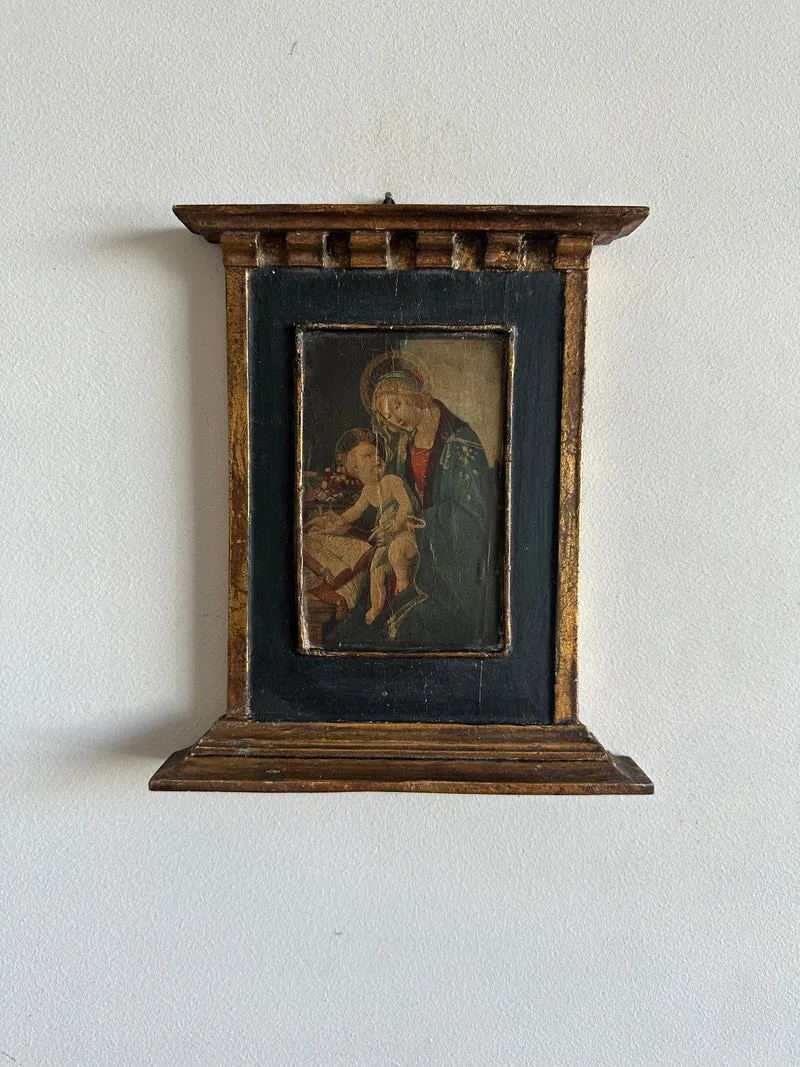 Icône en bois années 40 fond bleu nuit La Vierge et l'enfant