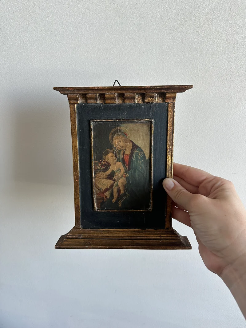 Icône en bois années 40 fond bleu nuit La Vierge et l'enfant