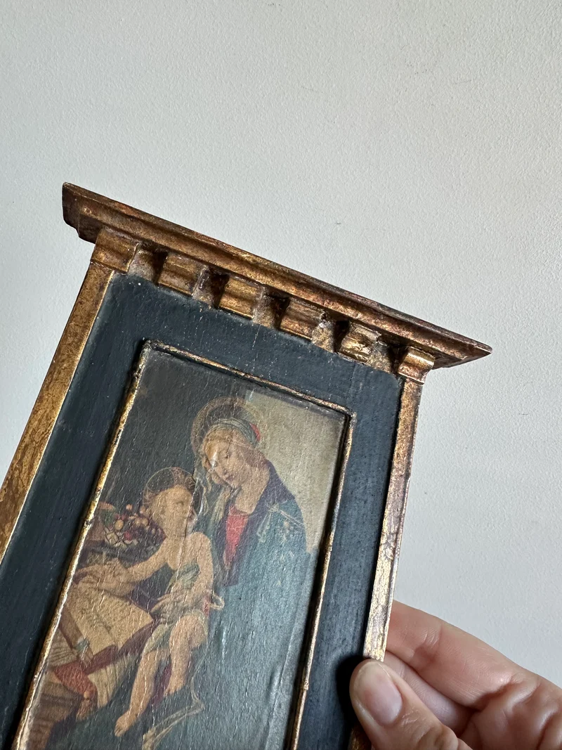 Icône en bois années 40 fond bleu nuit La Vierge et l'enfant