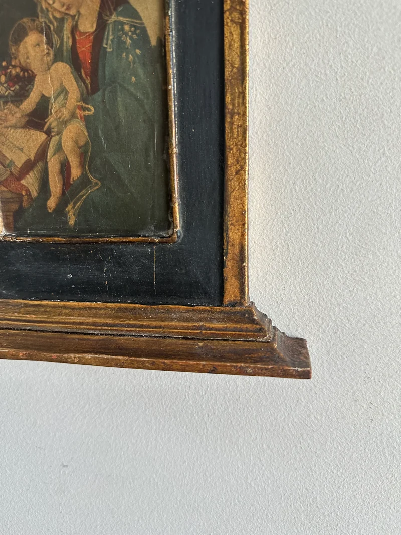 Icône en bois années 40 fond bleu nuit La Vierge et l'enfant